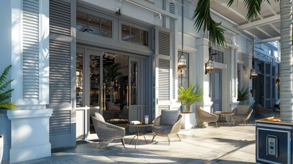 boutique hotel with chic grey Bahama shutters, located in the heart of a vibrant city