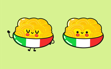 Plate of Spaghetti character. Vector hand drawn cartoon kawaii character illustration icon. Isolated on green background. Plate of Spaghetti character concept