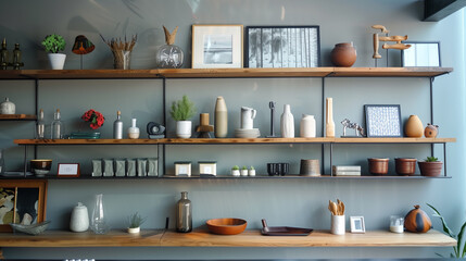A clean, minimalist wall design featuring streamlined shelves with a carefully selected array of decor pieces.