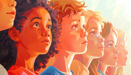 Gen Alpha are the future leaders, poised to make a positive impact on the world: Illustrate a group of Gen Alpha children standing confidently, symbolizing their potential to lead and shape a better f