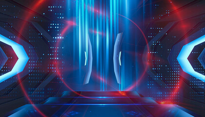 Abstract neon background, stage with rays and spotlights, futuristic modern blue.
