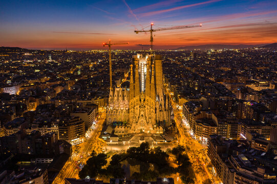 Nativity Facade of the Sagrada Fam&iacute;lia and Eixample in Barcelona during the evening twilight. (Catalonia, Spain)