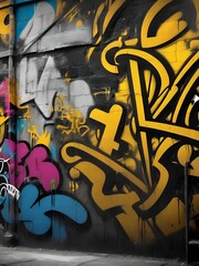 Naklejka premium Abstract illustration graffiti background on the wall, irregular graffiti with golden yellow painting, black marker graffiti, roadside painting art