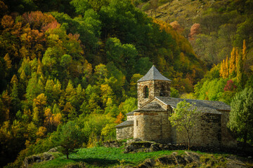 Sant Vicenç de Cabdella church in autumn (Vall Fosca, Catalonia, Spain, Pyrenees)