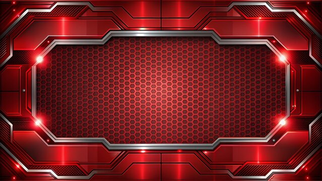 Vibrant metallic red shiny abstract background with geometric patterns and modern tech design elements, framed in sleek black, perfect for futuristic templates.
