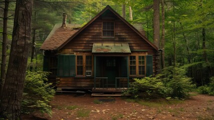 cabin in the woods with dark green Bahama shutters, providing a discreet, secure retreat while blending with the dense forest backdrop