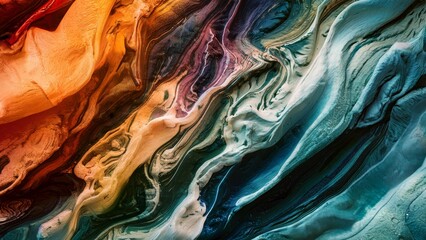 A vibrant abstract textured background of swirling colors and marbled patterns. Swirling waves of orange, blue, green, and purple.