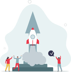 Startup and new innovative business project launch.Company with idea and funding for fast development and product breakthrough.flat design.illustration with people.