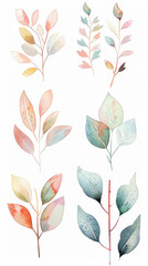 Watercolor set of aesthetic abstract thin branches and leaves in pastel colors, clean white background. Generative AI
