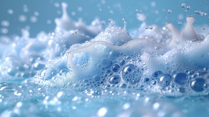 photograph of Isolated soap foam, bubbles, and blue sponge wide angle lens.