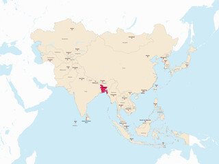 Obraz premium Highlighted red map of BANGLADESH inside light red detailed political map of Asia using orthographic projection on white and blue background