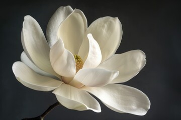 A magnolia flower, its creamy white petals open wide, against a dark charcoal background. The image emphasizes the elegance and soft texture of the magnolia.