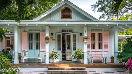 Fototapeta premium charming bed and breakfast with pastel pink Bahama shutters, enhancing its welcoming facade