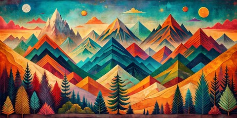 Vibrant abstract textured poster featuring bohemian mountains landscape with unique arrangements, perfect as wall art for adding boho chic flair to modern home decor.