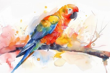 Parrot on a branch, sense of vibrancy and liveliness, Watercolor style