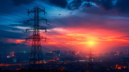 Silhouette of High Voltage Electric Towers at Sunset