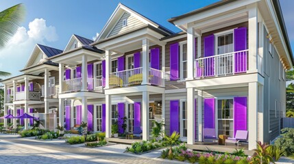 Fototapeta premium chic townhouse with bright purple Bahama shutters, adding a pop of color and a modern twist to the traditional architecture