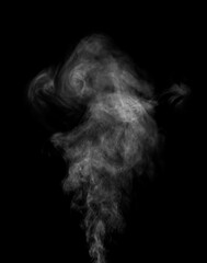 Steam, smoke, vapor isolated on black background. Smoke steam spray, abstract vaporing water, texture of cold mist, hot vapor, fog effect closeup, black screen. Hot food, drink. Overlay using