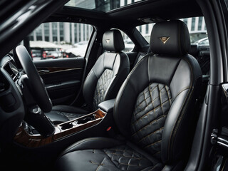 Luxurious car interior with black leather seats, intricate stitching, and ergonomic design.