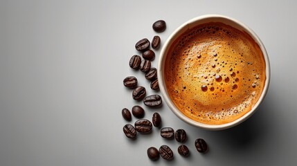 Fototapeta premium photograph of Art coffee in paper cup isolated on white background, top view. 