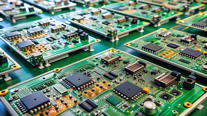 Freshly manufactured automotive printed circuit boards with intricately soldered surface mounted components, showcasing cutting-edge technology and precision engineering.