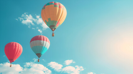 Naklejka premium Colorful aerostats flying high in sky above clouds, Colorful balloons floating against a clear blue sky, Awe-Inspiring Hot Air Balloons Soaring amidst the Azure Sky 