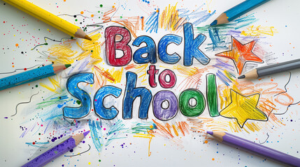 Back to school. Concept of school, education, children and student. Notebook or paper background. Drawing with colored pencils.