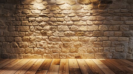 Empty Wall with Light Brown Stone Bricks and Wooden Floor