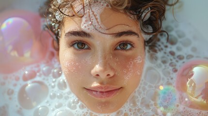 photograph of Beautiful woman in need on white background Colorful soap foam, colorful bubbles isolated on white.