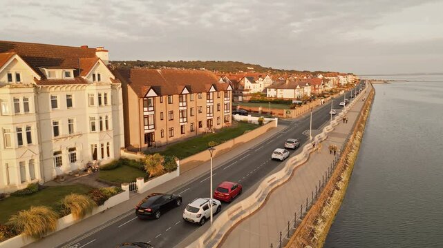 Aerial view of West Kirby flood defence sea wall on the  Wirral Peninsula, England