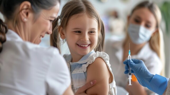 National Immunization Awareness Month. Immunization and vaccination for polio, flu shot, influenza or HPV prevention. girl receiving vaccination in doctor's office. International HPV awareness day