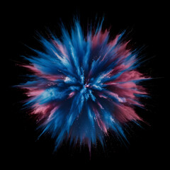Colored powder explosion. Abstract closeup dust on backdrop. Colorful explode.