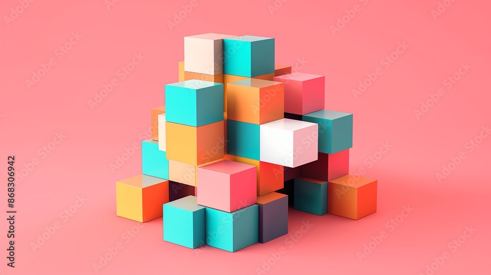 Poster a stack of colorful blocks on a pink background. the blocks are arranged in a way that they look lik