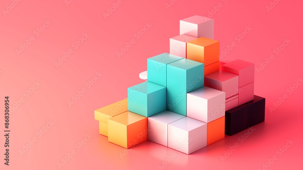 Poster a stack of colorful blocks on a pink background. the blocks are arranged in a way that they look lik