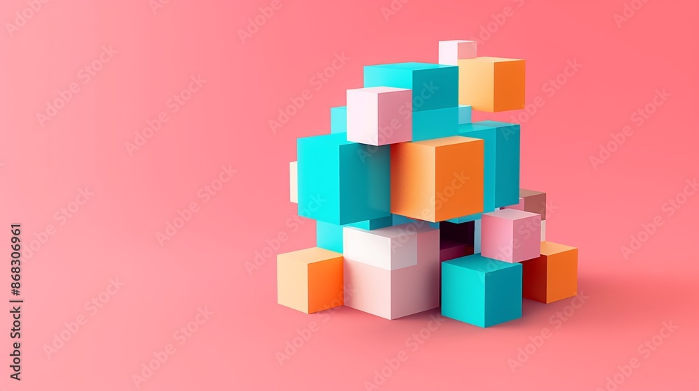 Poster a pile of colorful blocks on a pink background. the blocks are arranged in a way that they look like