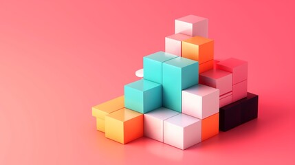 Obraz premium A stack of colorful blocks on a pink background. The blocks are arranged in a way that they look like they are building a tower. The colors of the blocks are red, blue, and yellow