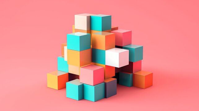 A stack of colorful blocks on a pink background. The blocks are arranged in a way that they look like a small house. The colors of the blocks are bright and cheerful, giving the image a playful