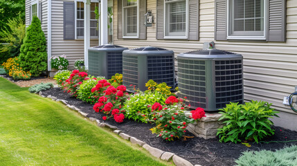 Naklejka premium Efficient suburban living. Three air conditioning units beside a well-maintained garden in front of a residential home