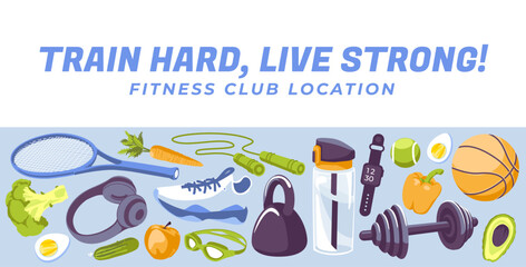 A set of objects for fitness and health. Lifestyle activity. Design with text. Vector flat illustration