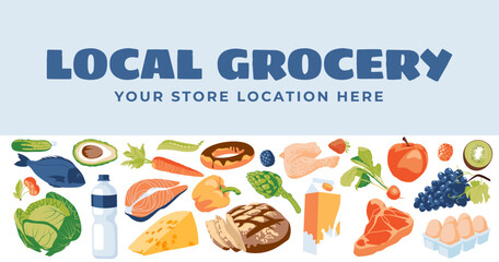 Set of grocery store elements. Advertising of goods in a supermarket. Fresh healthy food. Design with text