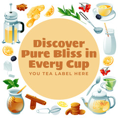 A set of tea items. Square and round composition. Vector illustration. Green, black, herbal teapot, cup and symbols. Vector illustration