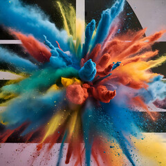 Colored powder explosion. Abstract closeup dust on backdrop. Colorful explode.