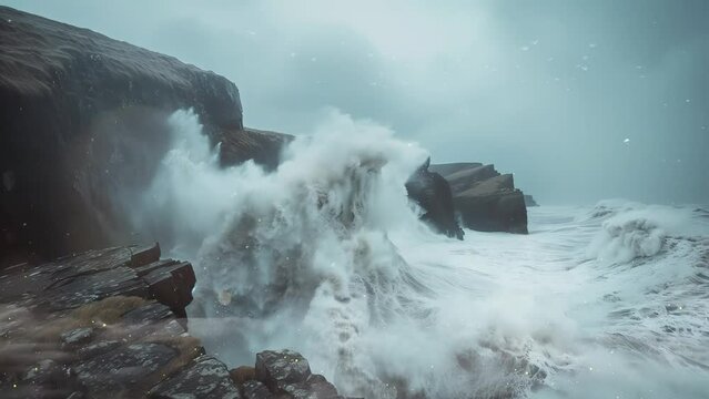 huge hurricane waves crush into rocks cliffs seamless looping overlay 4k virtual video animation background