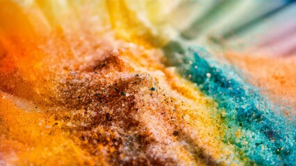 Fine grains of colored sand, interspersed with vibrant shades of orange, yellow, and blue. The image gives off a warm, summery vibe, with hints of a tropical paradise. Abstract closeup.
