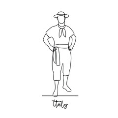 One continuous line drawing of Italy traditional clothes vector illustration. Traditional fashion country themes design with simple linear continuous line concept. Traditional fashion education