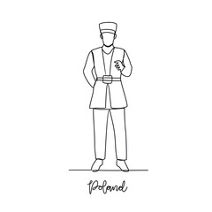 One continuous line drawing of Poland traditional clothes vector illustration. Traditional fashion country themes design with simple linear continuous line concept. Traditional fashion education