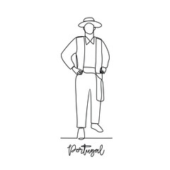 One continuous line drawing of Portugal traditional clothes vector illustration. Traditional fashion country themes design with simple linear continuous line concept. Traditional fashion education