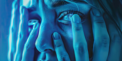 Eye strain is the dull throb of discomfort, straining the vision: Illustrate a person rubbing their eyes, symbolizing the dull, aching sensation of eye strain