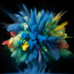 Colored powder explosion. Abstract closeup dust on backdrop. Colorful explode.