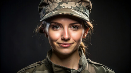 Obraz premium A woman soldier in camouflage uniform and cap stares ahead